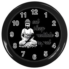 Eat, Sleep, Meditate, Repeat  Wall Clocks (black) by Valentinaart