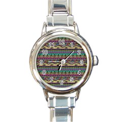 Aztec Pattern Cool Colors Round Italian Charm Watch by BangZart