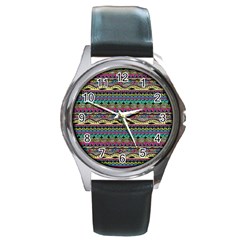 Aztec Pattern Cool Colors Round Metal Watch by BangZart