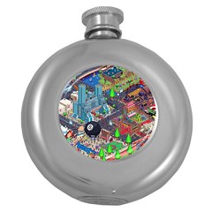 Pixel Art City Round Hip Flask (5 Oz)