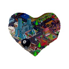 Pixel Art City Standard 16  Premium Heart Shape Cushions by BangZart