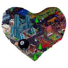 Pixel Art City Large 19  Premium Heart Shape Cushions by BangZart