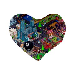 Pixel Art City Standard 16  Premium Flano Heart Shape Cushions by BangZart