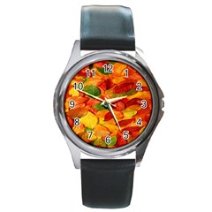 Leaves Texture Round Metal Watch by BangZart