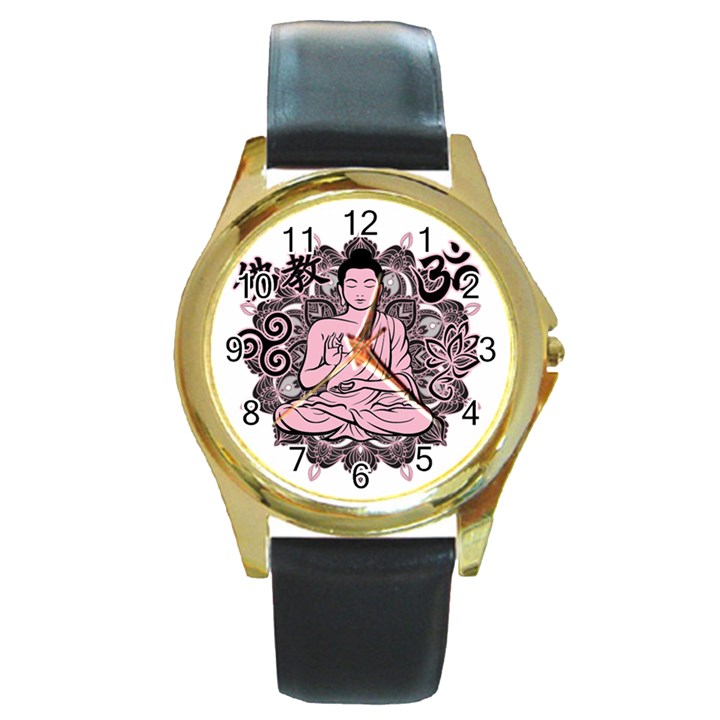 Ornate Buddha Round Gold Metal Watch