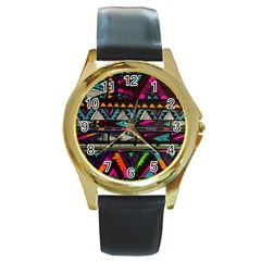 Cute Hipster Elephant Backgrounds Round Gold Metal Watch by BangZart