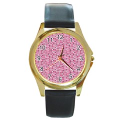 Abstract Pink Squares Round Gold Metal Watch by BangZart