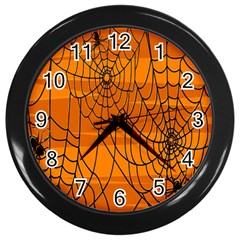 Vector Seamless Pattern With Spider Web On Orange Wall Clocks (black) by BangZart