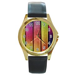 Colourful Wood Painting Round Gold Metal Watch by BangZart