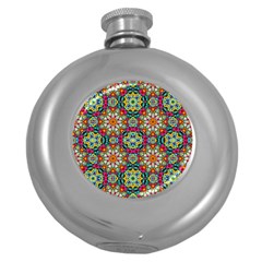 Jewel Tiles Kaleidoscope Round Hip Flask (5 Oz) by WolfepawFractals