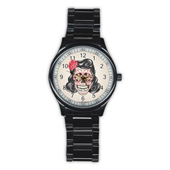 Woman Sugar Skull Stainless Steel Round Watch by LimeGreenFlamingo