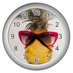 Pineapple With Sunglasses Wall Clocks (silver)  by LimeGreenFlamingo