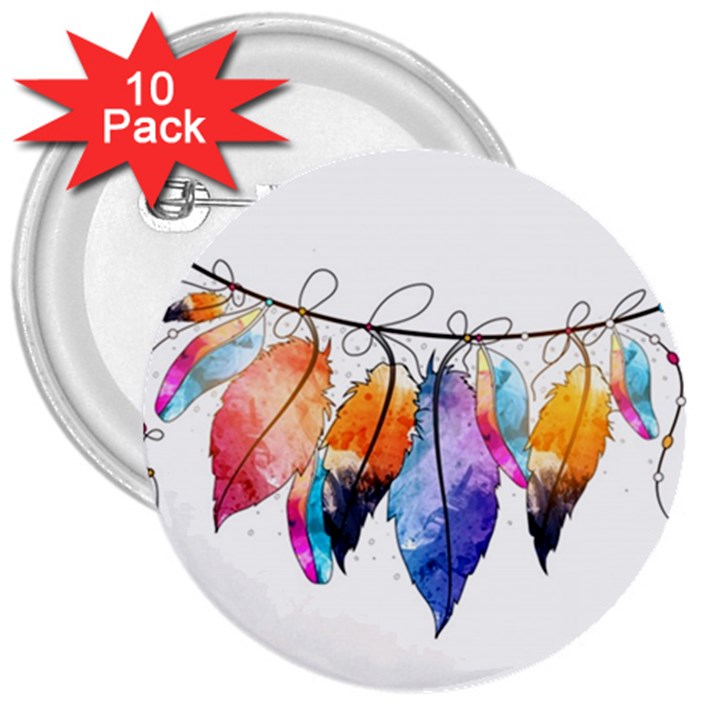 Watercolor Feathers 3  Buttons (10 pack) 