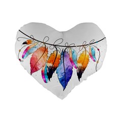 Watercolor Feathers Standard 16  Premium Flano Heart Shape Cushions