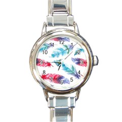 Watercolor Feather Background Round Italian Charm Watch by LimeGreenFlamingo