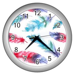 Watercolor Feather Background Wall Clocks (silver)  by LimeGreenFlamingo