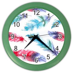 Watercolor Feather Background Color Wall Clocks by LimeGreenFlamingo