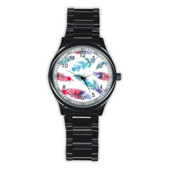 Watercolor Feather Background Stainless Steel Round Watch by LimeGreenFlamingo