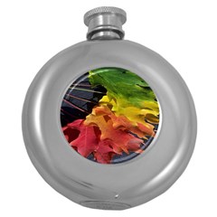 Green Yellow Red Maple Leaf Round Hip Flask (5 Oz) by BangZart