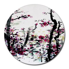 Pink Flower Ink Painting Art Round Mousepads by BangZart