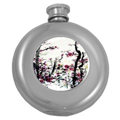 Pink Flower Ink Painting Art Round Hip Flask (5 Oz) by BangZart