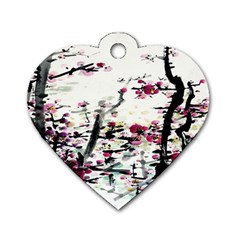 Pink Flower Ink Painting Art Dog Tag Heart (two Sides) by BangZart