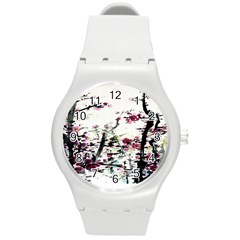 Pink Flower Ink Painting Art Round Plastic Sport Watch (m) by BangZart