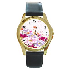 Sweet Flowers Round Gold Metal Watch by BangZart