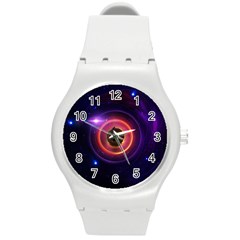 The Little Astronaut On A Tiny Fractal Planet Round Plastic Sport Watch (m) by jayaprime