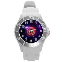 The Little Astronaut On A Tiny Fractal Planet Round Plastic Sport Watch (l) by jayaprime