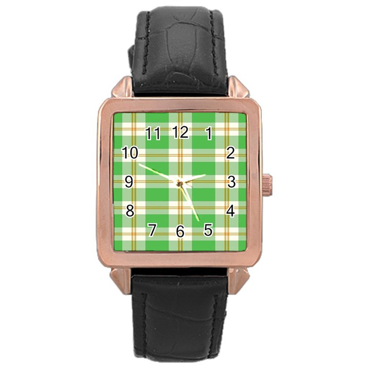 Abstract Green Plaid Rose Gold Leather Watch 