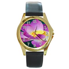 Pink Lotus Flower Round Gold Metal Watch by BangZart