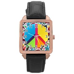 Peace Sign Animals Pattern Rose Gold Leather Watch  by BangZart