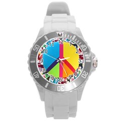 Peace Sign Animals Pattern Round Plastic Sport Watch (l) by BangZart