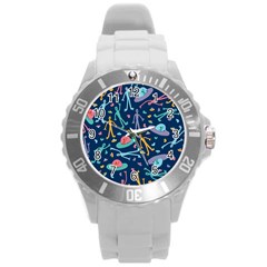 Alien Pattern Blue Round Plastic Sport Watch (l) by BangZart