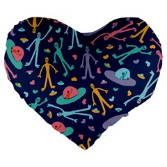 Alien Pattern Blue Large 19  Premium Flano Heart Shape Cushions by BangZart