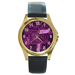 Purple Background Patchwork Flowers Round Gold Metal Watch by BangZart