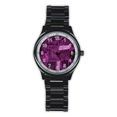 Purple Background Patchwork Flowers Stainless Steel Round Watch by BangZart