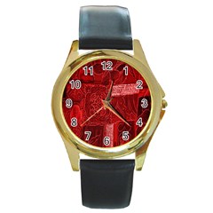 Red Background Patchwork Flowers Round Gold Metal Watch by BangZart