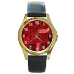 Red Background Patchwork Flowers Round Gold Metal Watch Front