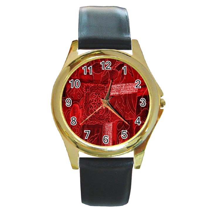 Red Background Patchwork Flowers Round Gold Metal Watch