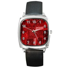 Red Background Patchwork Flowers Square Metal Watch by BangZart