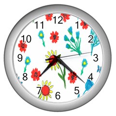 Flowers Fabric Design Wall Clocks (silver)  by BangZart