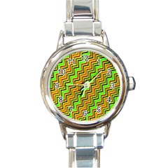 Green Red Brown Zig Zag Background Round Italian Charm Watch by BangZart