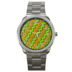 Green Red Brown Zig Zag Background Sport Metal Watch