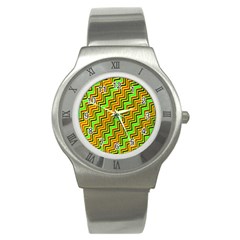 Green Red Brown Zig Zag Background Stainless Steel Watch by BangZart