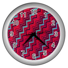 Red Turquoise Black Zig Zag Background Wall Clocks (silver)  by BangZart