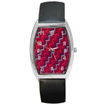 Red Turquoise Black Zig Zag Background Barrel Style Metal Watch Front