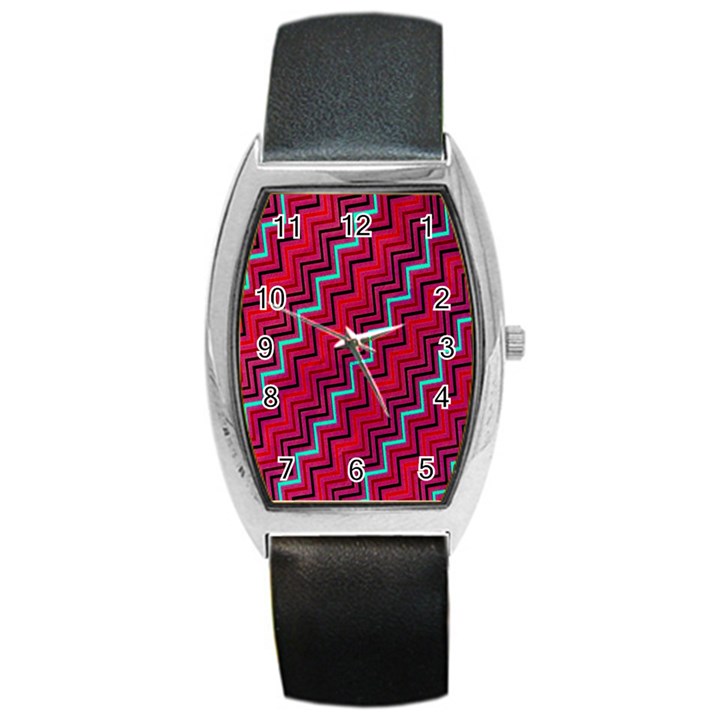 Red Turquoise Black Zig Zag Background Barrel Style Metal Watch