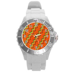 Orange Turquoise Red Zig Zag Background Round Plastic Sport Watch (l) by BangZart